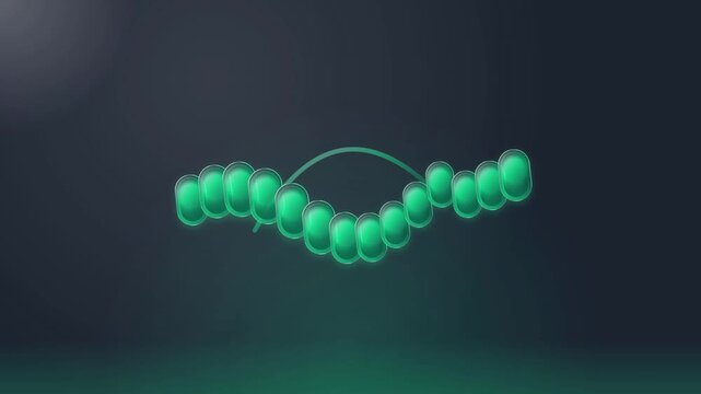 A chain of glowing green spheres linked together, representing a molecule or DNA strand. The background is dark and atmospheric, with a soft glow emanating from the structure