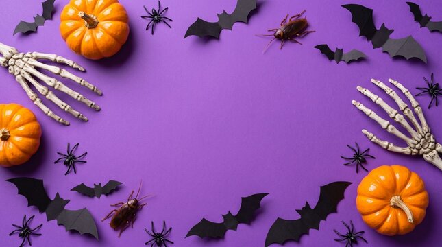 Spooky Halloween frame with orange pumpkins, skeleton hands, black bats, and creepy spiders on purple