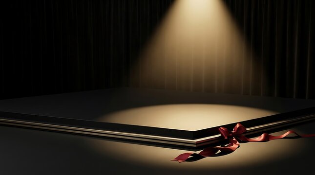 Empty stage podium with a red ribbon bow under a spotlight against a dark curtain background