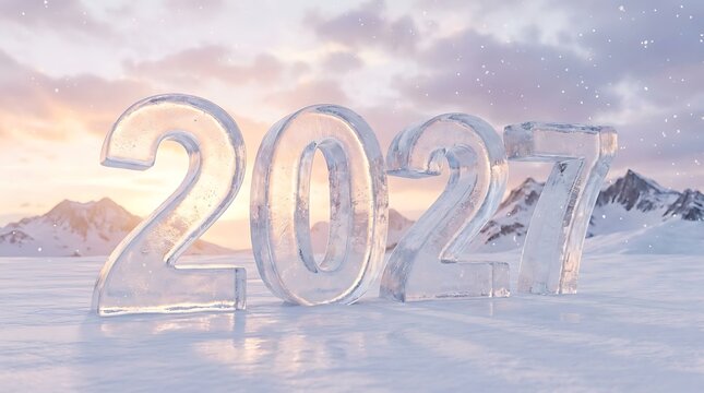 3d render of icy 2027 numbers standing on a snowy landscape with mountains in the background at sunset