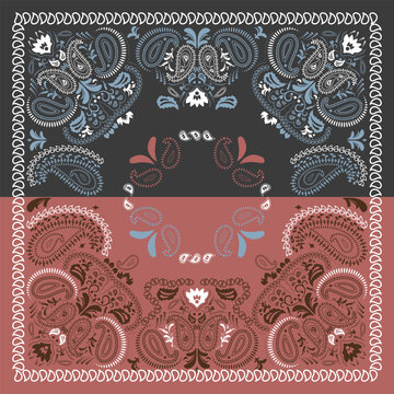 Bandana with paisley pattern and grunge texture. Scarf, fabric, and textile backgrounds. Bandana print featuring ethnic ornaments and abstract swirls.