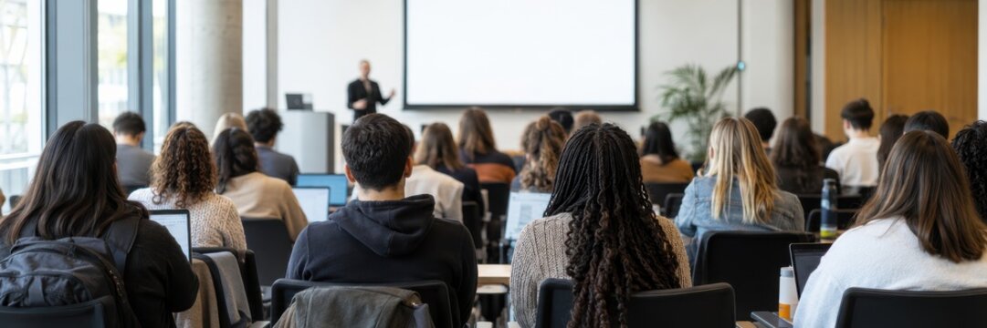 Students attending classroom training session with instructor presenting at front of lecture hall