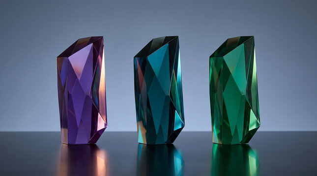 Three vertical translucent crystal prisms with sharp geometric facets in purple, teal, and green colors standing on a reflective dark surface