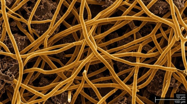 Mycelial networks displaying the world wide web of soil fungi, showing golden septate hyphae junctions, spreading multicellular mycelium across organic compost under electron micrograph.