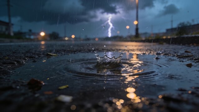 Forming crown-shaped water splash in puddle on wet asphalt at dusk, with lightning reflections