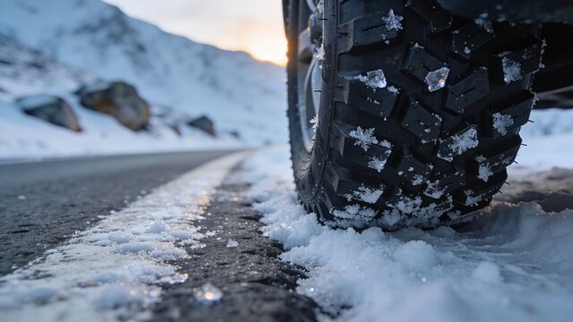 Gripping vehicle tire digging into packed snow on mountain pass road, with lane marking, copy space
