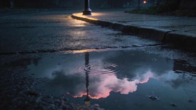 Rippling shallow puddle reflecting streetlamp and pink clouds on wet asphalt, raindrops falling