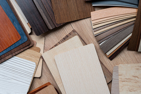 Top View of Wood Texture Samples and Laminate Planks with Copy Space for Carpentry Floor Project