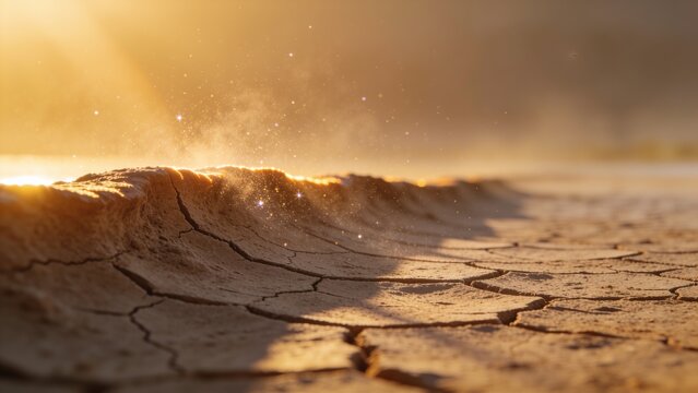 Glowing sinuous ridge of cracked earth reflecting low-angle sunlight on parched lakebed, with dust