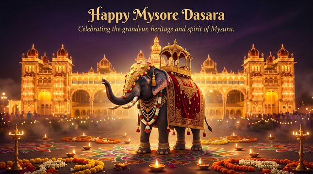 Majestic Mysore Dasara Elephant with Golden Howdah in Front of Illuminated Palace