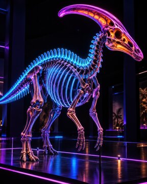Neon Parasaurolophus Skeleton Museum Exhibit