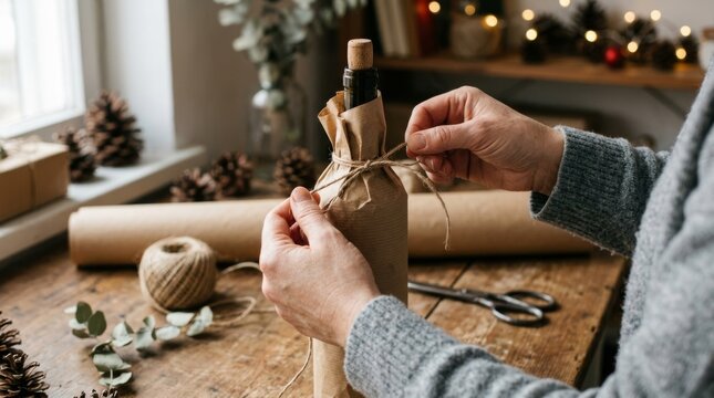 A person ties a piece of string around a wine bottle wrapped in paper.