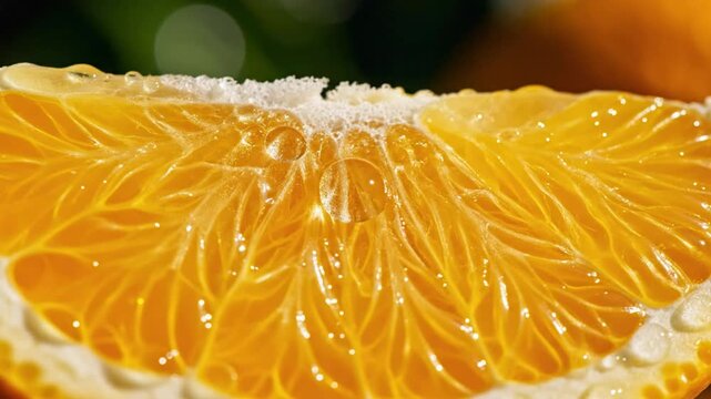 Close-up of a juicy and refreshing orange slice glistening with water droplets in natural light