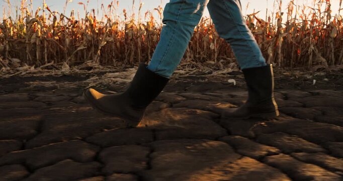 Close-up of a farmer's boots walking on dry, cracked earth. The parched soil and withered corn crop highlight the impact of drought