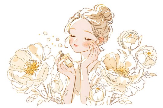 牡丹の花に囲まれて美容液の小瓶を手に頬にそっと触れる女性を描いた金色線画の水彩イラスト