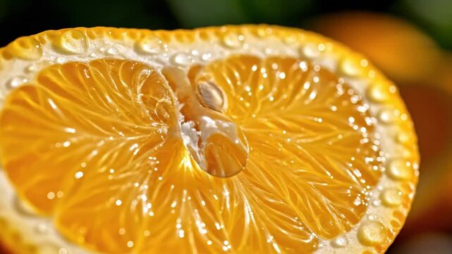 Close-up of a refreshing orange slice glistening with water droplets and a single seed, a vibrant and healthy snack