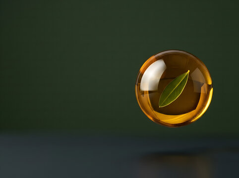 Gota esf&eacute;rica de aceite de oliva virgen extra flotando con hoja verde en su interior sobre fondo oscuro, fotograf&iacute;a publicitaria de ingredientes gourmet y espacio de copia