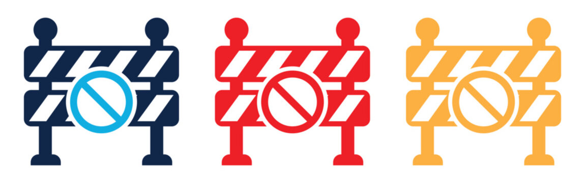 Set of three colorful road barrier icons with prohibition signs, flat vector illustration of construction barricades