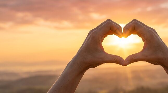 Two Hands Forming a Heart Against a Glowing Golden Sunrise