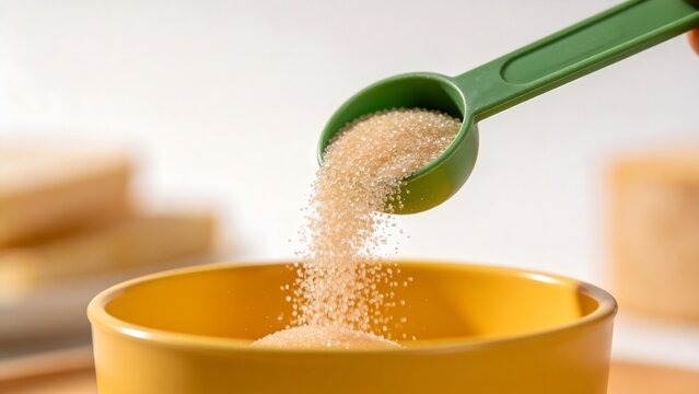 Pouring brown sugar with a green measuring spoon into a yellow bowl