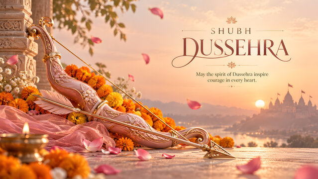 Ornate bow and arrow quiver with marigold flower in soft pink dussehra greeting banner design