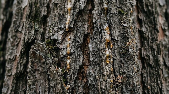 Detailed Close Up ViewAged Tree Bark Surface Displaying Deep Rough Fissures Fused With Natural Resin Secretion Organic Wooden Texture Macro Background Pattern Detailed Natural Timber Crust Fine