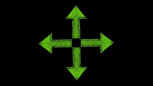 animated four directions cross arrow icon with a hand drawn sketchy style and line boil effect. Isolated on transparent background with alpha channel. Perfect for UI and navigation graphics
