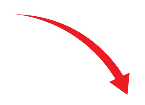 Red curved arrow pointing down icon isolated on transparent background PNG file