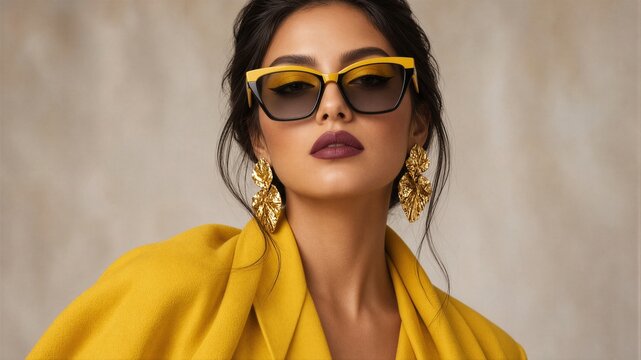 Woman wears bold yellow sunglasses and matching coat. Gold earrings catch light with elegant style. Her gaze is confident, set against neutral backdrop. Perfect for fashion, editorial