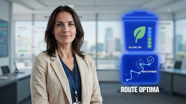 Professional woman presenting waste recycling sorting system in