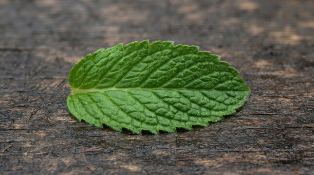 Fresh green mint leaf on a dark wooden textured surface
