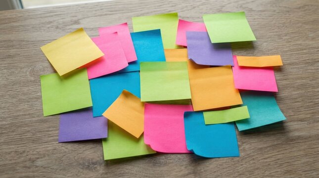 Colorful sticky notes scattered on wooden desk surface