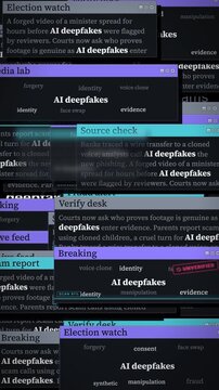 A pileup of digital windows warning about AI deepfakes, misinformation, and fraud risks.