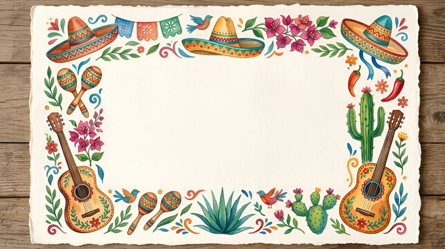 Mexican fiesta border with guitars, sombreros and flowers