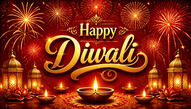 Happy Diwali festival of light gold handwritten calligraphy typography sparkle firework