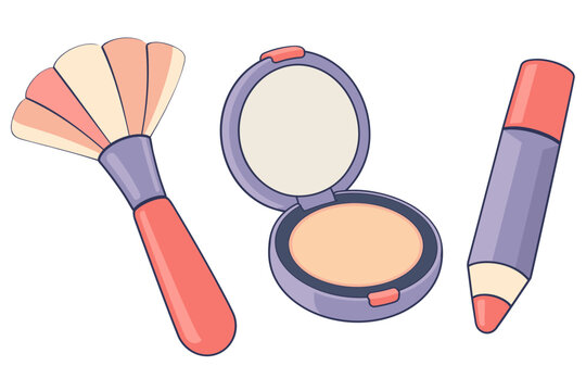 Makeup tools arranged side by side with a fan brush an open powder compact with mirror and a sharpened cosmetic pencil in coral and lavender cartoon style