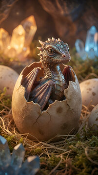Dragon hatchling emerging from cracked egg shell