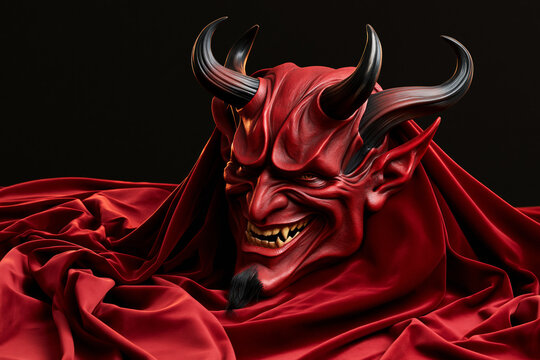 Red devil demon mask with black horns and red velvet drapery