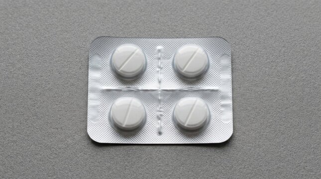 Blister pack with four white round pills on a gray surface