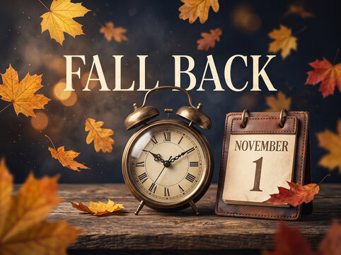 Vintage alarm clock and calendar with falling autumn leaves on rustic wooden table for daylight saving time fall back November reminder concept