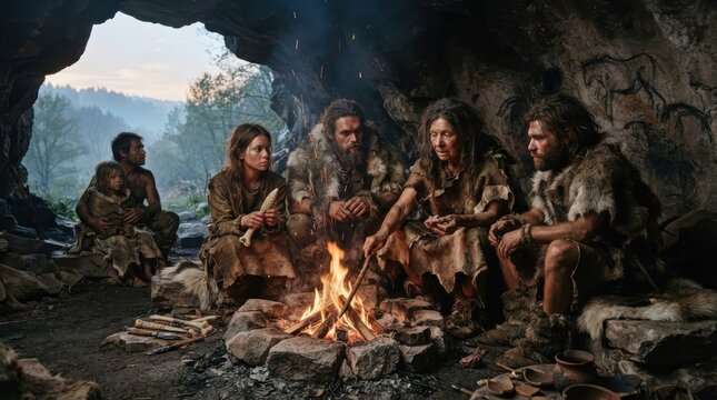 Prehistoric family gathering around a campfire inside a rocky cave