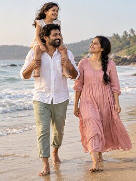 Father Carrying His Child on His Shoulders During a Family Beach Walk