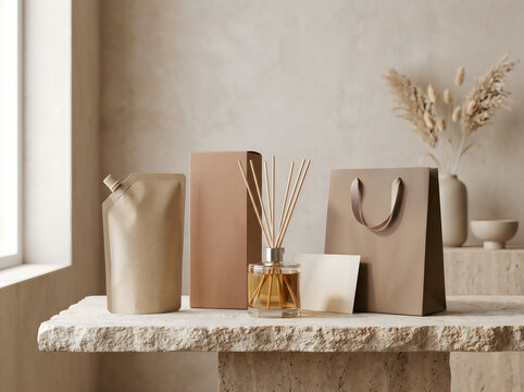 Aromatic reed diffuser and shopping bag on a wooden table in a bright room