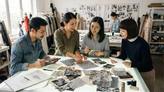 Creative team collaborates over fabric samples in a bright studio. Hands touch textures, minds align on design choices. Focus, teamwork, and innovation define the moment. Ideal for fashion, design