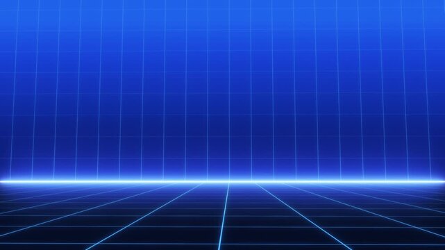 Blue neon grid background with glowing horizon. A blue digital grid extends across a dark floor toward a glowing horizontal boundary, with vertical grid lines filling the background. 
