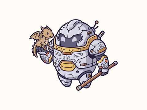 Cute Robot Dragon Tamer Mechanical Mage Character in Flat Design Style, Great for Game Icons, Posters, Merchandise, Banner and Creative Projects