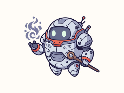 Cute Robot Wizard Flat Character Illustration for Fantasy Game, Mascot, Sticker, Mobile App, Children Book, Web Banner, Poster and Design Resources
