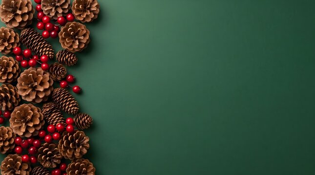 A festive christmas border of ornaments and berries on a dark green background