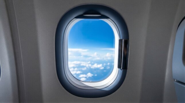 View from airplane window shows clear blue sky. White clouds float below, soft and endless. Interior frame is smooth, rounded, and gray. Passenger seat nearby suggests quiet travel