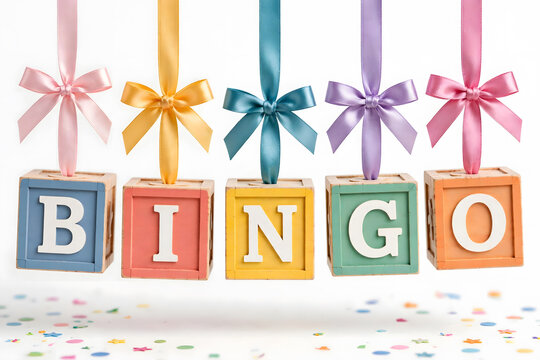 Colorful wooden bingo blocks with decorative ribbons for party games